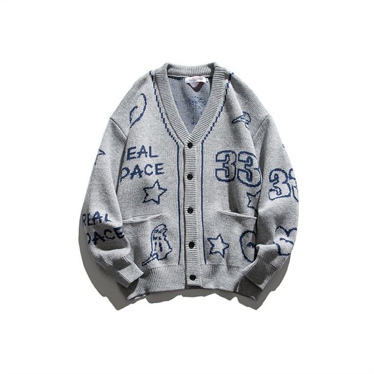 Uniform Sweater Men's Jacquard Long Sleeve Pattern Knitted Cardigan Sweater